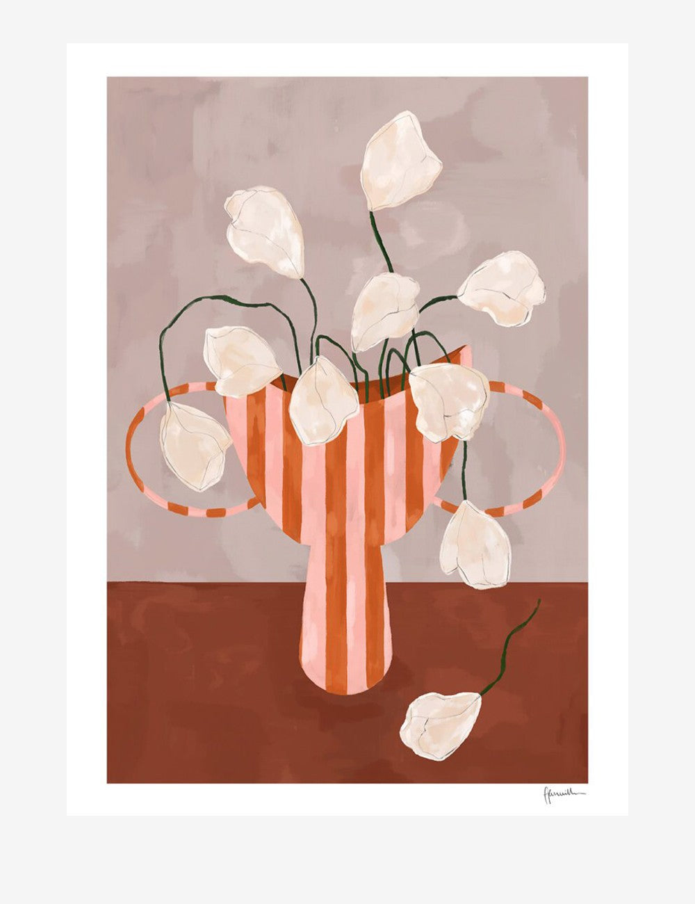 white flowers in striped vase