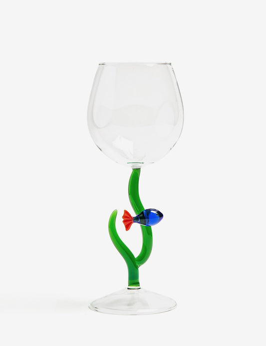 STEMMED GLASS BLUE RED FISH