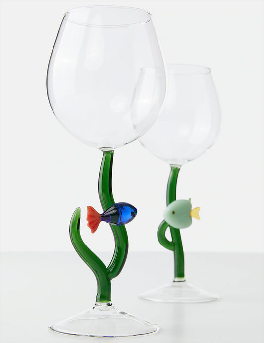STEMMED GLASS BLUE RED FISH