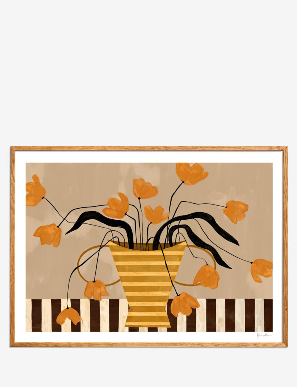 Flowers in yellow striped vase